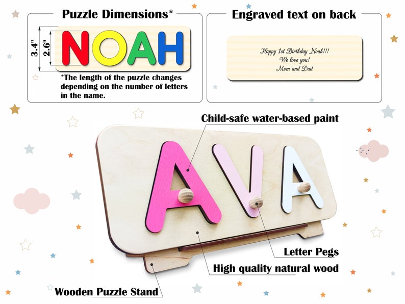 May include: A personalized wooden puzzle with a stand, featuring the name "AVA" in pink, light pink, and white letters. The puzzle pieces are held in place by wooden pegs. The back of the puzzle has an engraved message: "Happy 1st Birthday Noah!!! We love you! Mom and Dad".