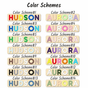 Puede incluir: Rompecabezas de nombres de madera con los nombres "HUDSON" y "AURORA" en varios esquemas de color. La imagen muestra 14 combinaciones de colores diferentes, cada una con una disposici&oacute;n &uacute;nica de los colores para las letras.