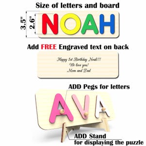 Puede incluir: Rompecabezas de nombre de madera con letras coloridas que deletrean "NOAH". El tablero del rompecabezas mide 8,9 cm x 6,6 cm. Incluye el texto "Happy 1st Birthday Noah!!! We love you! Mom and Dad". Tambi&eacute;n muestra un rompecabezas con el nombre "AVA" con clavijas y un soporte.