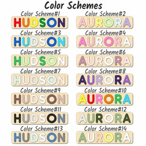 May include: A digital image showing 14 different color schemes for the names "HUDSON" and "AURORA". Each name is displayed in a rectangular wooden block with different color combinations for each letter.