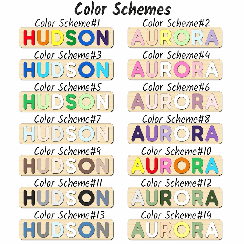 May include: A digital image showing 14 different color schemes for the names "HUDSON" and "AURORA". Each name is displayed in a rectangular wooden block with different color combinations for each letter.