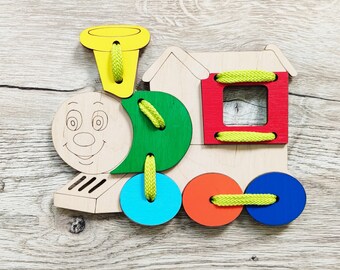 Schnürspielzeug, Holzfaden, Zug Baby Shower, Montessori Holzspielzeug, Schnürspielzeug für Kleinkinder, Feinmotorik, Baby Lernspielzeug