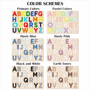 May include: A set of alphabet puzzle pieces in different color schemes. The color schemes include primary colors, pastel colors, dusty blue, dusty pink, black and white, and earth tones.