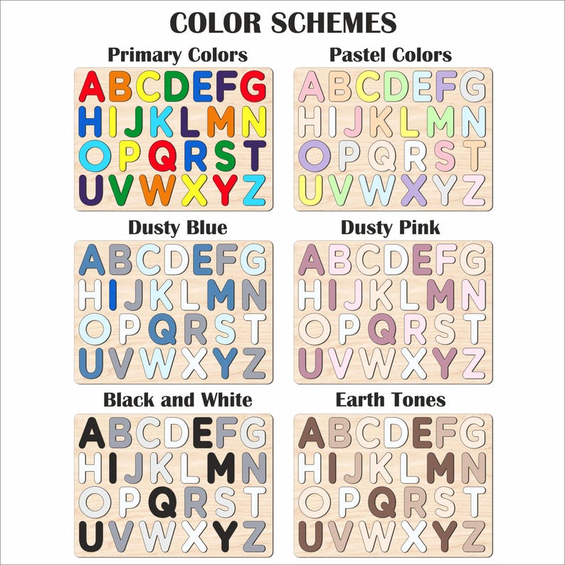 May include: A set of alphabet puzzle pieces in different color schemes. The color schemes include primary colors, pastel colors, dusty blue, dusty pink, black and white, and earth tones.