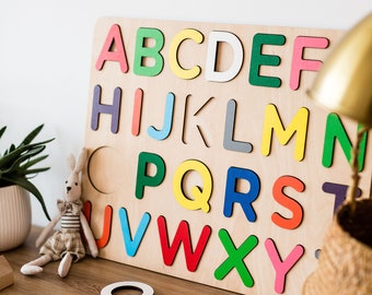 Wooden Alphabet Puzzle, Children’s Games, Educational Learning Toys, ABC Puzzle, Baby Gift, Puzzle With Pegs, First Birthday