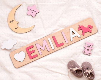 Casse-tête avec nom en bois, Cadeau pour baby shower, 1er anniversaire de petite fille, Jouets en bois, Cadeaux pour bébé fille, Cadeaux d'anniversaire, Casse-tête de nom personnalisé