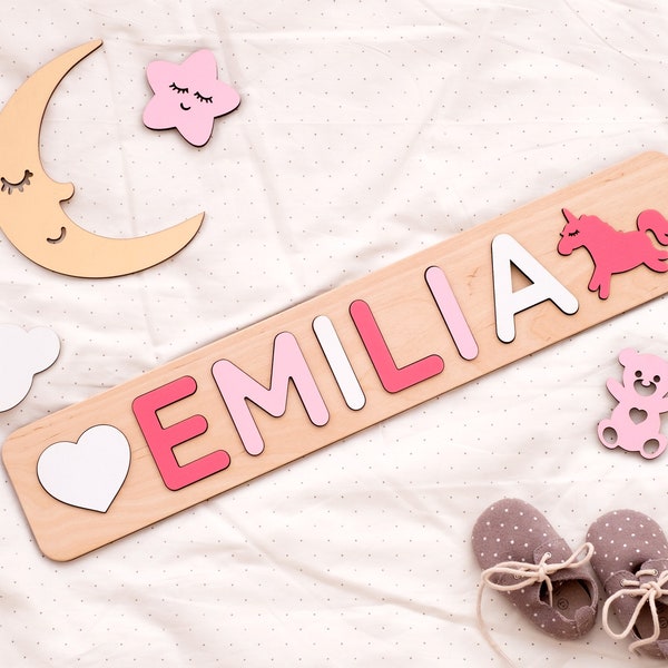 Casse-tête avec nom en bois, Cadeau pour baby shower, 1er anniversaire de petite fille, Jouets en bois, Cadeaux pour bébé fille, Cadeaux d'anniversaire, Casse-tête de nom personnalisé