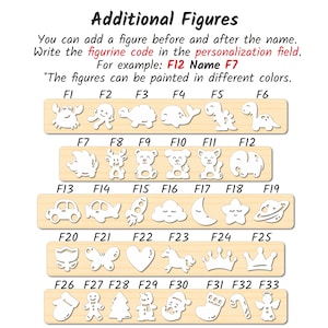May include: A set of 33 wooden figures, each with a unique design. The figures are labeled with numbers F1 through F33. The figures can be used to personalize crafts and projects.