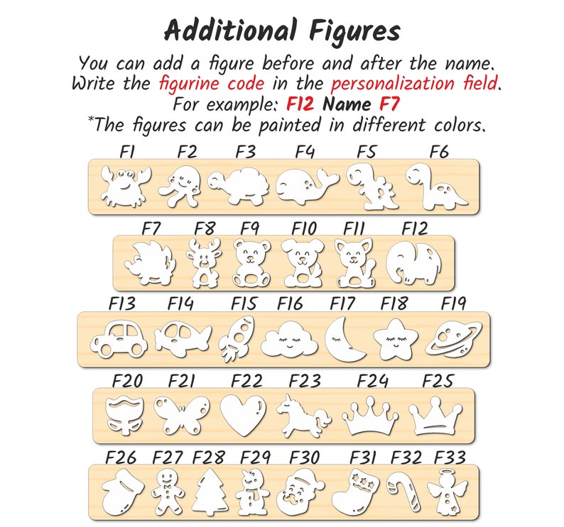 May include: A set of 33 wooden figures, each with a unique design. The figures are labeled with numbers F1 through F33. The figures can be used to personalize crafts and projects.