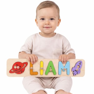 Quebra-cabeça de madeira personalizado com nome, presente personalizado para bebê, presente de 1º aniversário, presente de chá de bebê, brinquedo Montessori