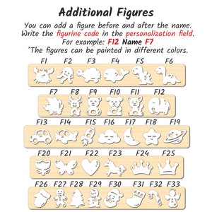 May include: A chart titled Additional Figures displaying 33 white silhouette icons labelled F1 through F33, including animals, vehicles, celestial shapes, and holiday symbols. Text instructions explain how to select figures for personalisation.