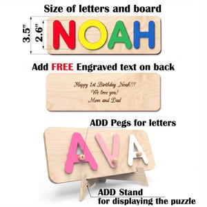 May include: A wooden name puzzle featuring the letters NOAH in red, yellow, green, and blue, measuring 8.9 cm by 6.6 cm. A second board shows custom engraving on the back. A third board displays the name AVA with pegs and a wooden stand.