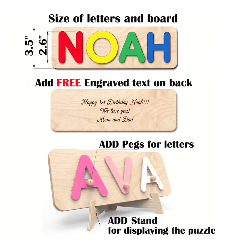 May include: A wooden name puzzle featuring the letters NOAH in red, yellow, green, and blue, measuring 8.9 cm by 6.6 cm. A second board shows custom engraving on the back. A third board displays the name AVA with pegs and a wooden stand.