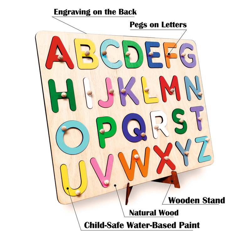 May include: Wooden alphabet puzzle with colorful letters and pegs. The puzzle is mounted on a wooden stand and has a child-safe water-based paint finish.