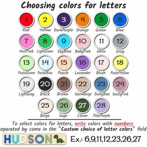 May include: A color chart with 28 different colored circles, numbered 1 through 28. Each circle has a color name written below it. The text below the chart says "To select colors for letters, write colors with numbers separated by coma in the "Custom choice of letter colors" field.  Ex: 6,9,11,12,23,26,27"