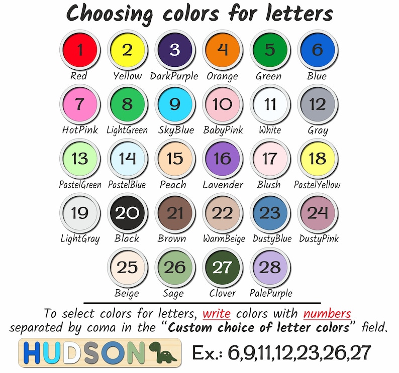 May include: A color chart with 28 different colored circles, numbered 1 through 28. Each circle has a color name written below it. The text below the chart says "To select colors for letters, write colors with numbers separated by coma in the "Custom choice of letter colors" field.  Ex: 6,9,11,12,23,26,27"