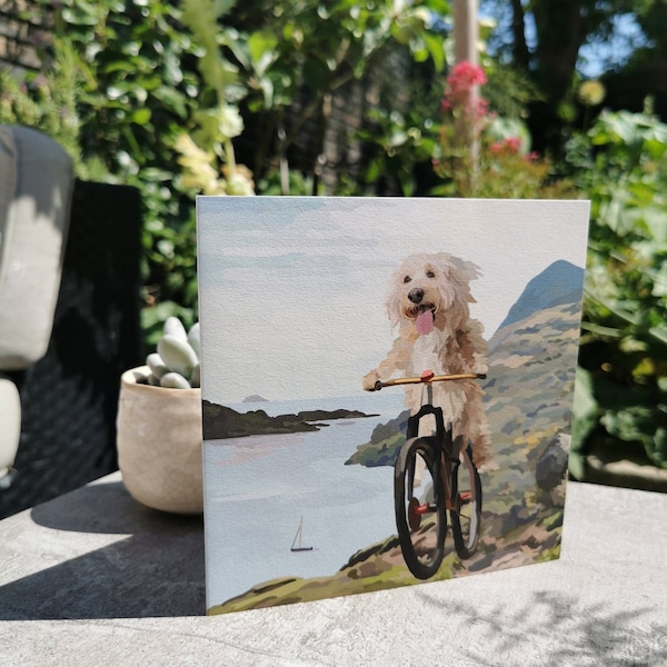 Dog on a bike greeting card, bicycle birthday card, dog lover card, Scottish landscape