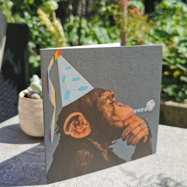 Happy Birthday Chimpanzee Card, Party Chimp, Chimp Greeting Card, Animal Card, Thinking Monkey, Birthday Card, For the Teacher, Professor,