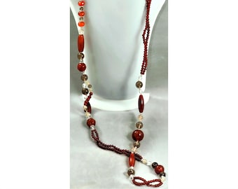 Brown Carnelian Beaded Long Necklace, Natural Carnelian Long Beaded Necklace, Carnelian Jewelry, Brown Long Statement Necklace