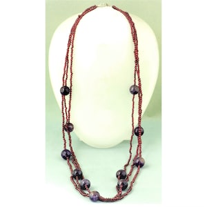 Amethyst Garnet Beaded Necklace: Sterling Silver Clasp, Triple Strand