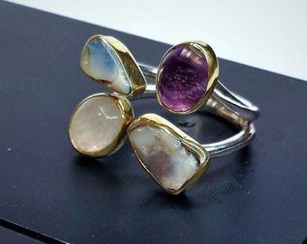 Opal Amethyst and Moonstone Ring, Handmade Sterling Silver and Gold Ring with Natural  Opal, Amethyst and Moonstone Gemstones, Gift for Her