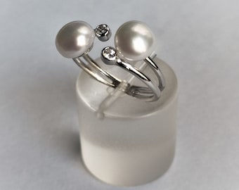Pearl & Cubic Zirconia Sterling Silver Open Ring