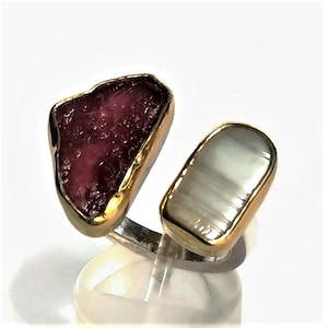 Red Ruby and White Pearl Dual Open Band Ring, Sterling Silver and Gold Ring with Natural Raw Ruby and Freshwater Pearl, Dual Gemstone Ring