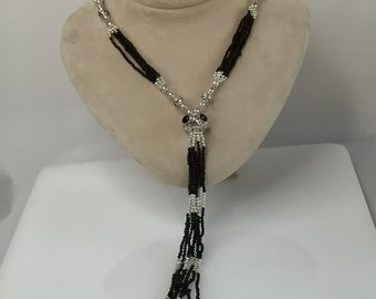 Black Onyx Long Beaded Tassel Necklace, Natural Black Onyx Beaded Tassel Necklace with Silver Clasp,Beaded Long Necklace, Black Onyx Jewelry