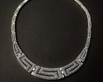Handgemachte Griechischer Schlüssel Markasit Halskette: Sterling Silber Meander Schmuck