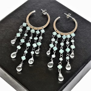 Αquamarin und Blautopas Creolen, Sterling Silber Blautopas Aquamarin Boho Ohrringe, Blautopas Schmuck, Aquamarin Schmuck,