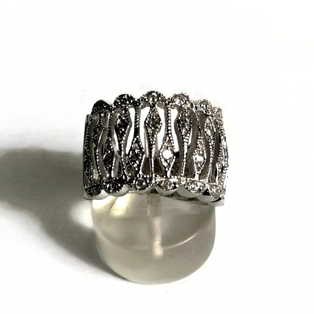 Cubic Zirconia Sterling Silver Wide Band Ring: Statement Fashion Ring ...