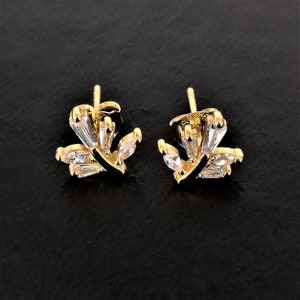 Sterling Silver Gold  Plated Leaf Cubic Zirconia Stud Earrings, Tiny Leaf Stud Earrings, Wedding Earrings, Anniversary Earrings, Womens Gift
