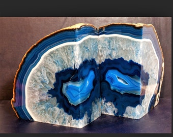 Large  Blue Agate Bookends, Natural Geode Agate Bookends Pair, Blue Agate Bookends Set, Polished Agate Bookends, Home Decor, Office Decor