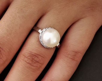 Freshwater Pearl Halo Ring: Sterling Silver, Cubic Zirconia