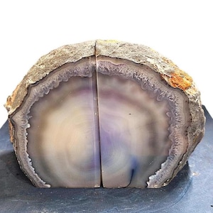 Purple Agate Geode Bookends: Polished Stone Pair, Healing Crystals