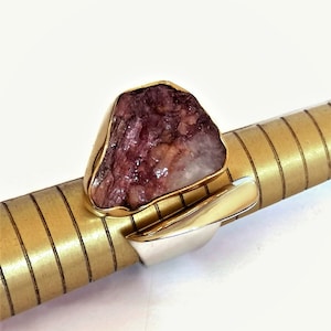 Raw Pink Tourmaline Ring: Gold Plated Wide Band Statement Ring