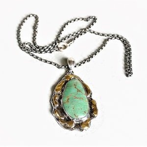 Blue-Green Turquoise Pendant Necklace, Sterling Silver Bronze Pendant and Chain with Natural Blue-Green Turquoise Gemstone