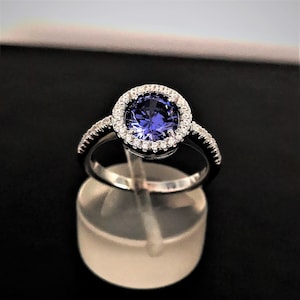 Blue and White Cubic Zirconia Halo Sterling Silver Ring, Wedding Ring, Bridesmaid Ring, Anniversary Gift, Holiday Gift, Women Jewelry