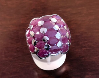 Faceted Red Ruby Ring: Sterling Silver Wide Band Cocktail Ring