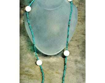 Handmade Long Beaded Necklace: Blue Howlite & White Coral