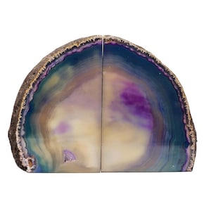 Purple & Blue Agate Bookends: Polished Geode Pair, Natural Crystal Decor