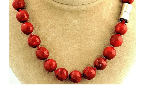 Faceted Red Coral Beaded Necklace Natural Coral Hand Knotted