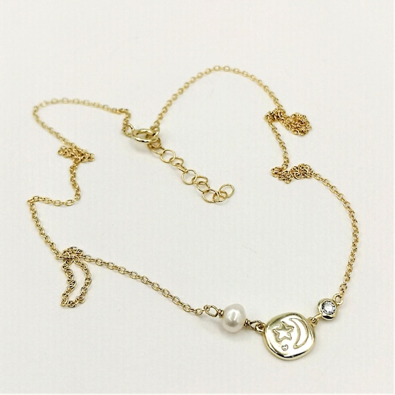 Collana Girocollo Luna E Stella In Oro – Stile Boho Vintage Con Zirconi – Catena Regolabile 45+5 Cm