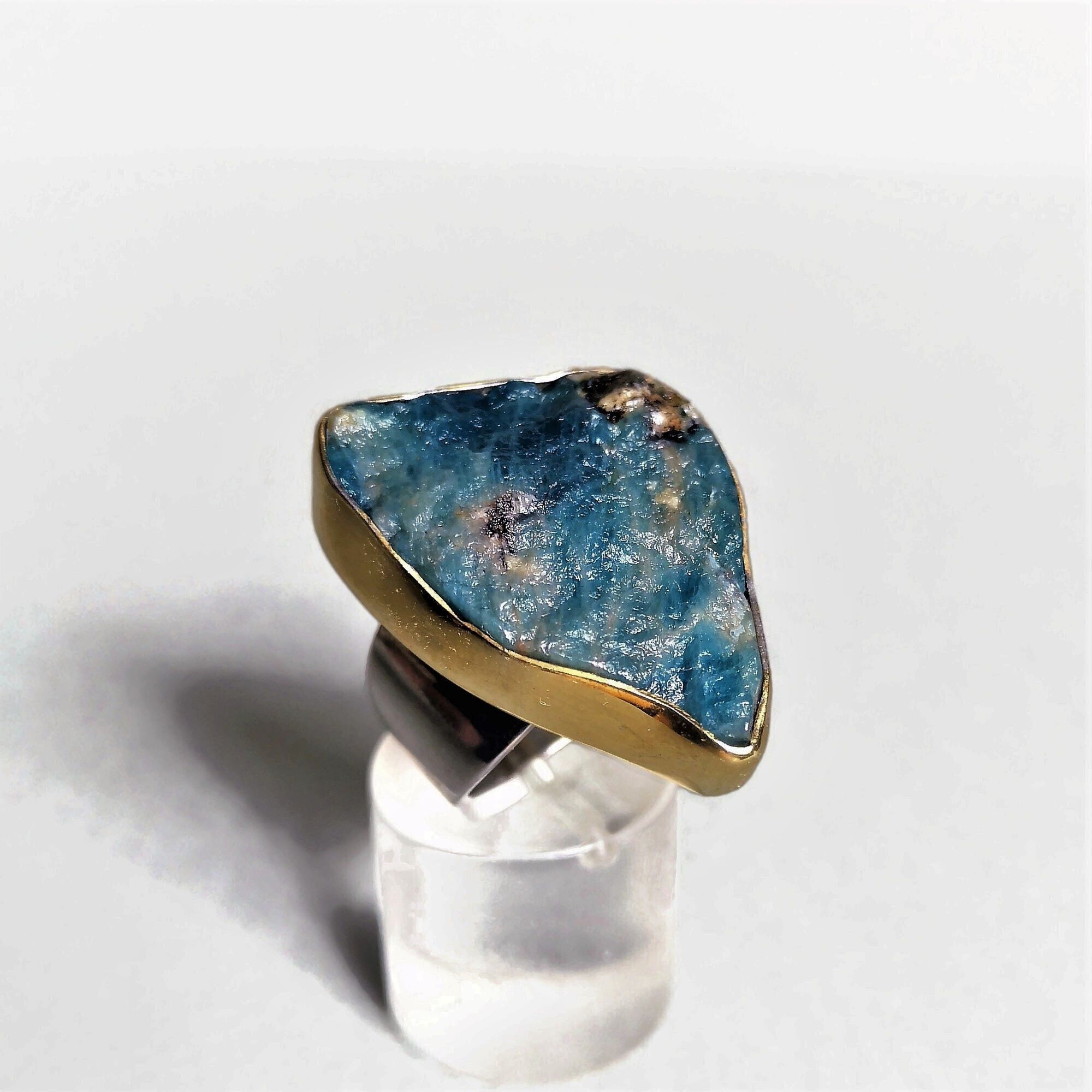 Raw Apatite Silver Ring, Handmade Sterling Silver Ring with Big Natural Raw Blue Apatite, Statement Ring for Her, Apatite Jewelry