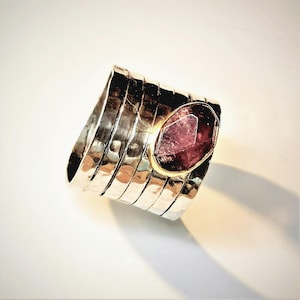 Red Tourmaline Ring, Wide Band Ring with Natural Red Tourmaline, Large Statement Ring, Ring for Her,  Birthstone Ring, Tourmaline jewelry
