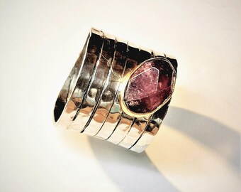 Red Tourmaline Ring, Wide Band Ring with Natural Red Tourmaline, Large Statement Ring, Ring for Her,  Birthstone Ring, Tourmaline jewelry