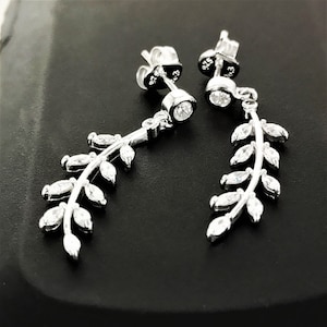 Sterling Silver Leaf Cubic Zirconia Dangle Earrings, Leaf Drop Earrings, Wedding Earrings, Bridal Earrings, Bridesmaid Earrings