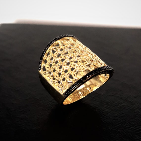 Wide Net Ring, Sterling Silver Gold Plated Wide Ring With Black Cubic  Zirconia, Large Statement Ring, Fashion Ring, Anniversary Gift 