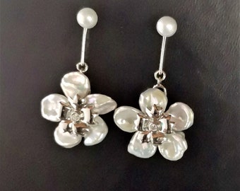 Freshwater Pearl Flower Drop Earrings: Sterling Silver Dangle Earrings