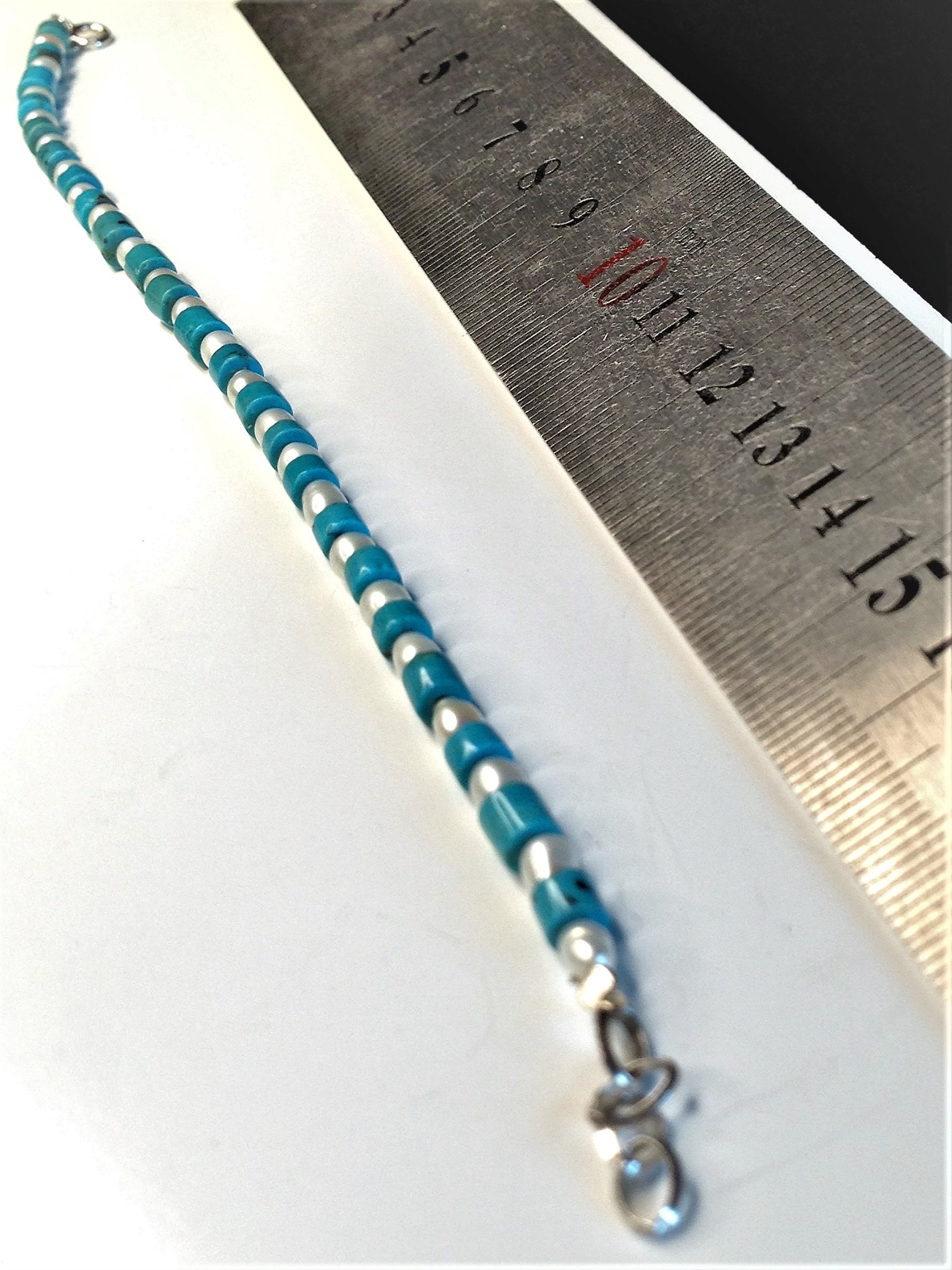 Bracciale Rigido In Argento 925 Con Perle D'Acqua Dolce E Turchese | Pietre Naturali | Fatto A Mano | Lunghezza Regolabile 16,5+5 Cm | Gioiello Donna - 2